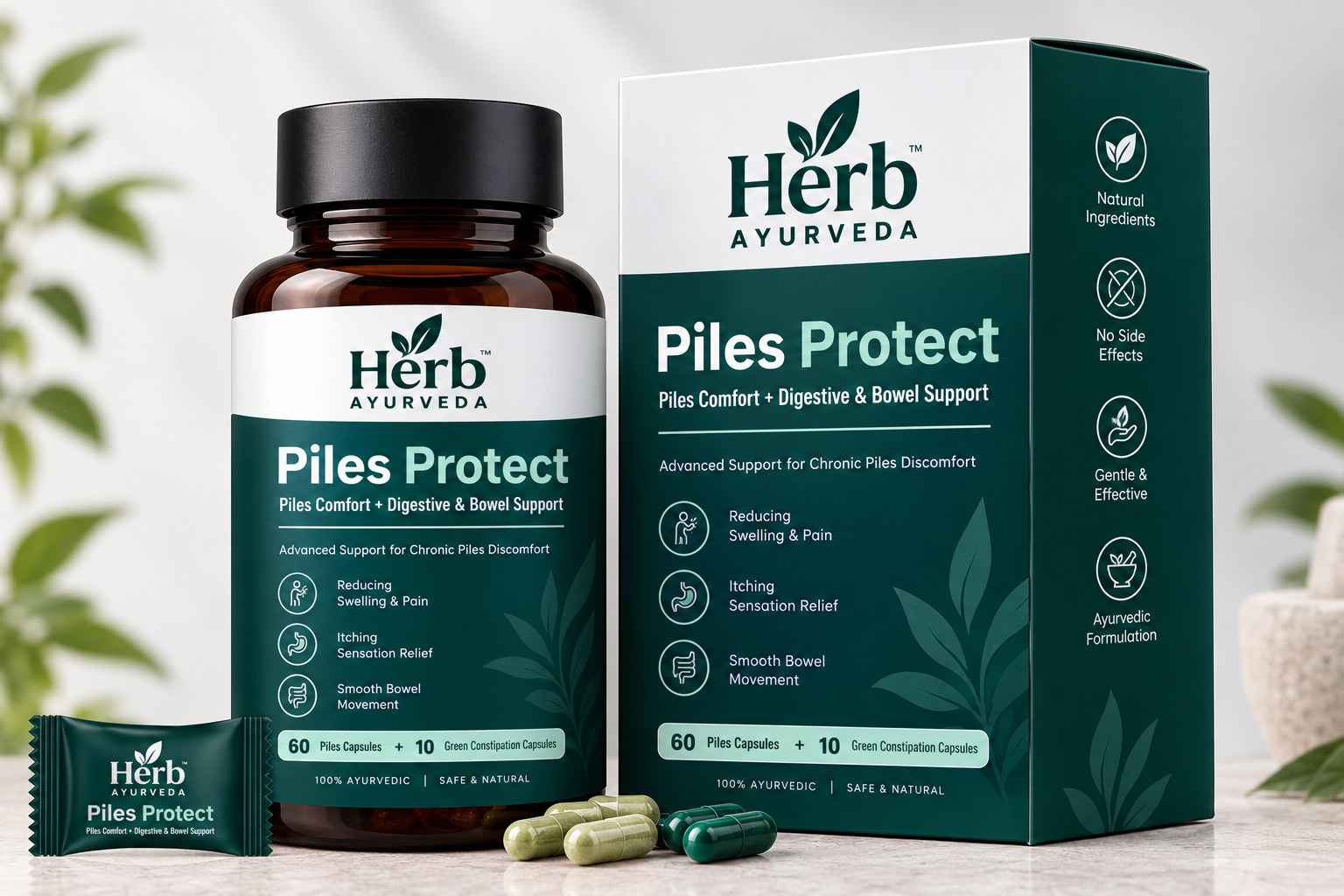 Piles Protect bottle, box and capsules by Aushadham Veda
